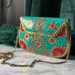 Antik Kraft Metal Convertible Turquoise
Purse Mosaic Tiles Gold chain
